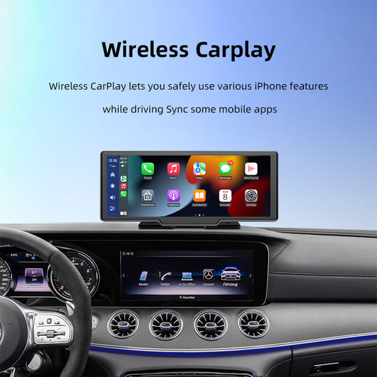 10.26 inches Wireless Carplay Screen & Android Auto, 1080P Camera, HD IPS Display, Adjustable, Detachable, Bluetooth, Radio, FM Transmitter