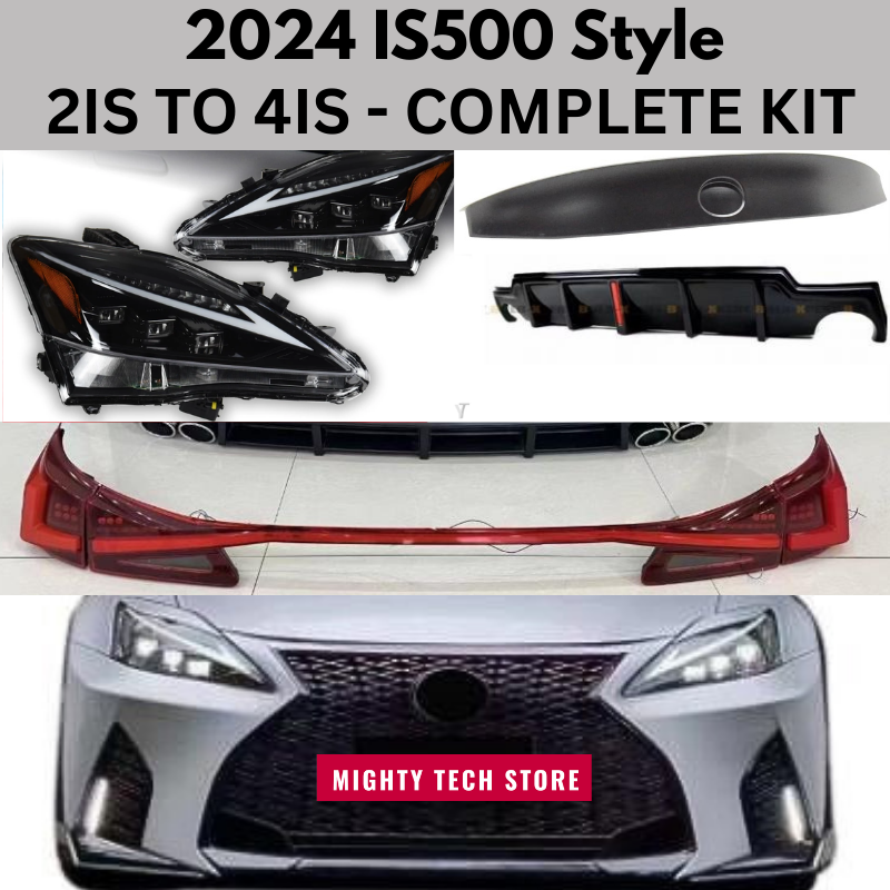 2024 IS500 Style Lexus 2IS to 4IS COMPLETE CONVERSION BODY KIT, includes front bumper, front headlights, rear ducktail spoiler, rear diffuser (w/ LED), rear roof spoiler, rear sequential taillights - FREE SHIPPING