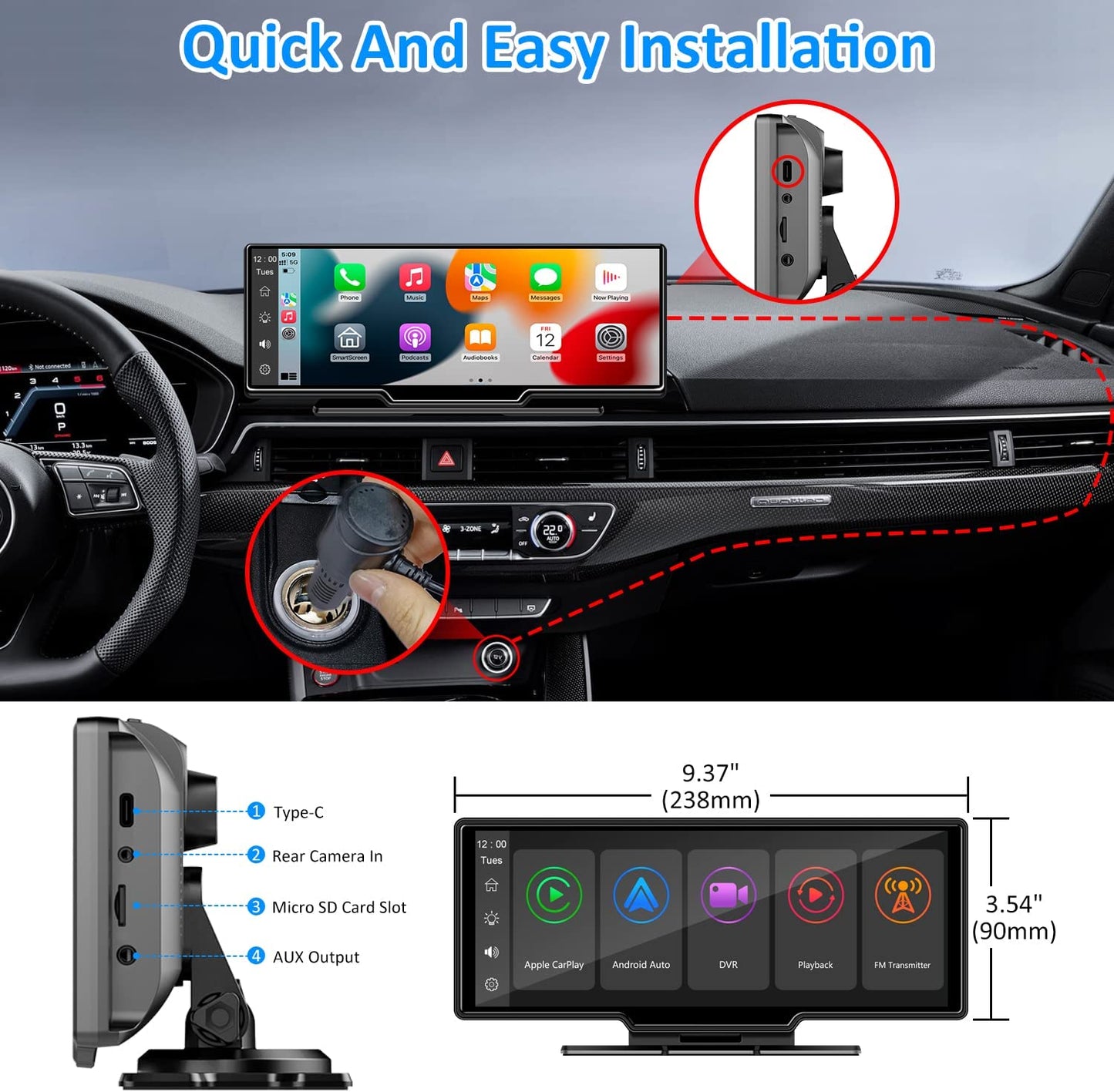 10.26 inches Wireless Carplay Screen & Android Auto, 1080P Camera Options, HD IPS Display, Adjustable, Detachable, Bluetooth, MirrorCast, Car Stereo, Radio, FM Transmitter