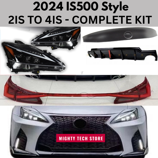 2024 IS500 Style Lexus 2IS to 4IS COMPLETE CONVERSION BODY KIT, includes front bumper, front headlights, rear ducktail spoiler, rear diffuser (w/ LED), rear roof spoiler, rear sequential taillights - FREE SHIPPING