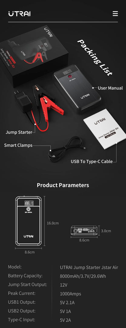 UTRAI Car Jump Starter 1000A Battery Charger 8000mAh Emergency Power Bank Booster with LED Lighting Starting Device for 12V Cars