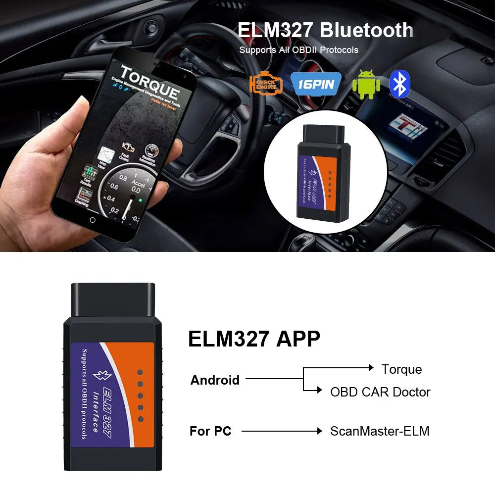 ELM327 OBD2 Bluetooth Car Diagnostic Instrument Auto Fault Scanner Tool [Universal]