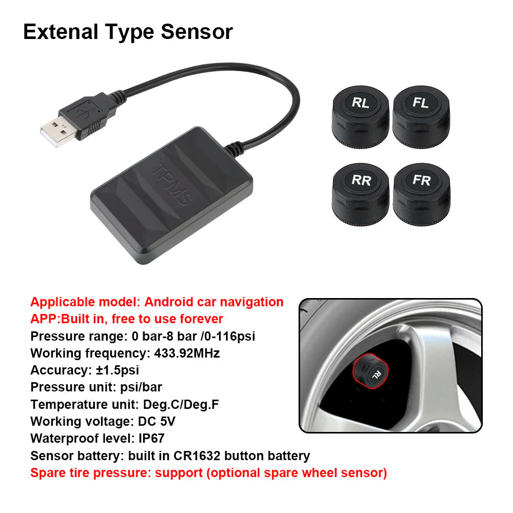 Wireless TPMS Receiver For Android Player Car Tire Pressure Monitoring System Auto Tyre Diagnose Kit Interior External Sensors