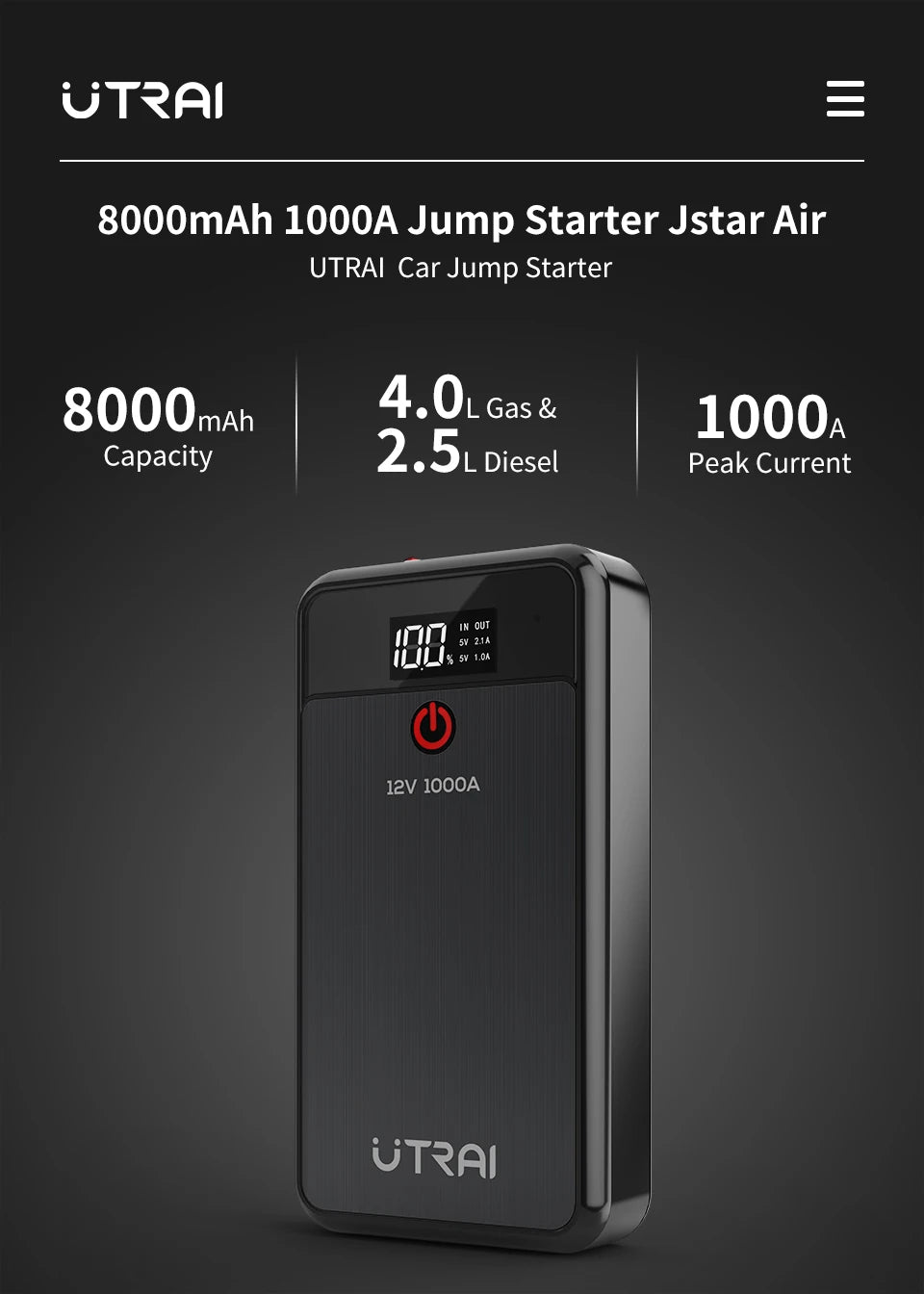 UTRAI Car Jump Starter 1000A Battery Charger 8000mAh Emergency Power Bank Booster with LED Lighting Starting Device for 12V Cars